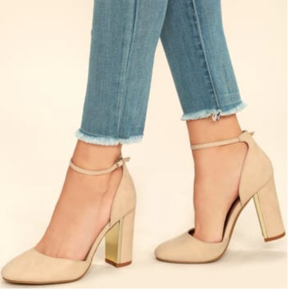 Lulus Shoes - Lulus Laura nude gold suede ankle strap heels 9